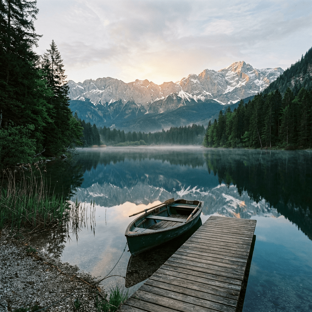 Rowboat tied to wooden dock on calm mountain lake with snowy peaks reflected